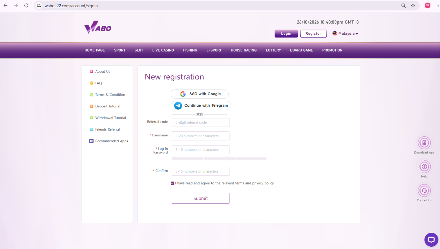 WABO Malaysia registration page with empty fields and separate sign-in options